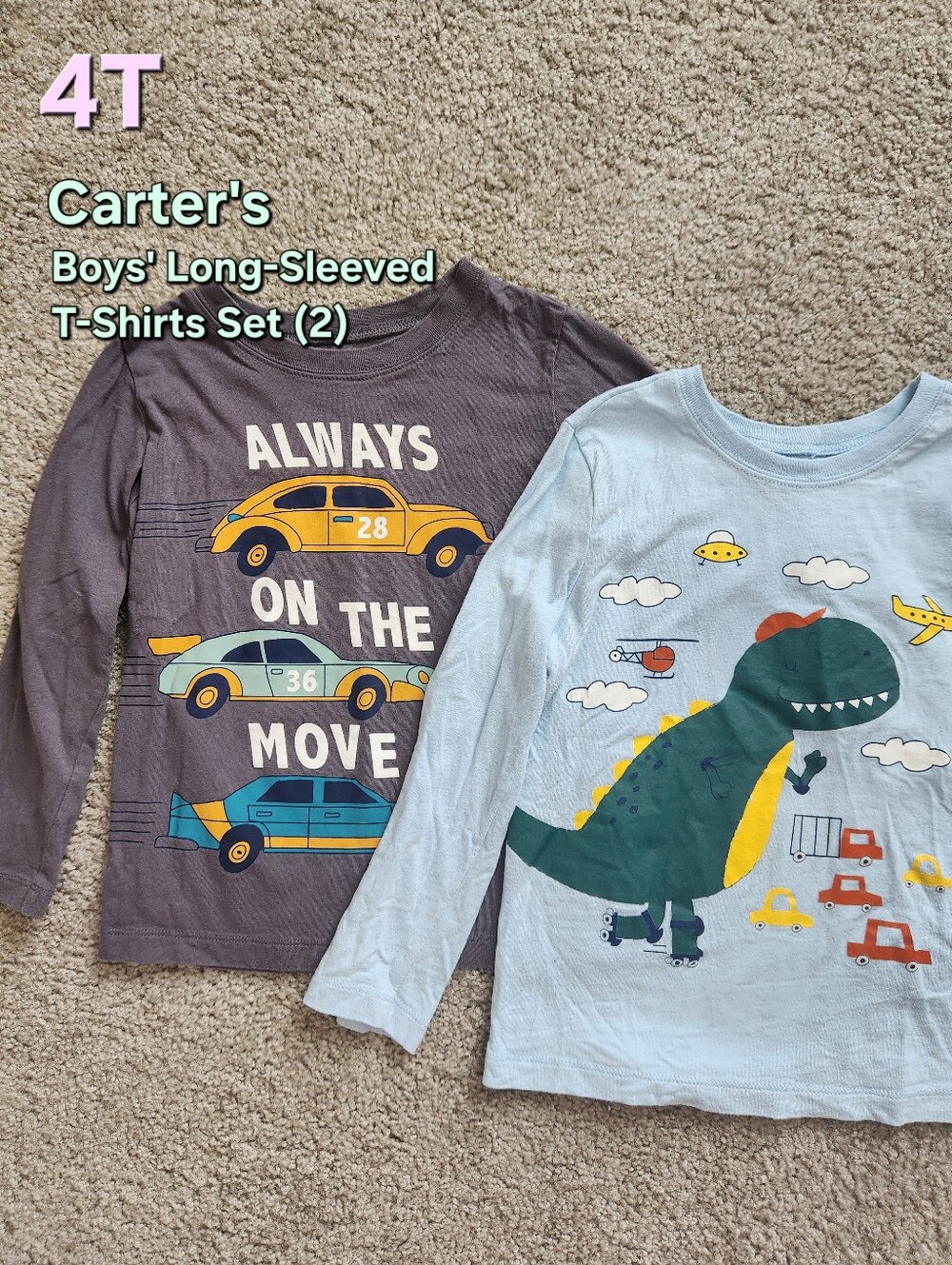 Kids 4T Tee Shirt Set | Cars, Dinosaurs | 2 Pieces